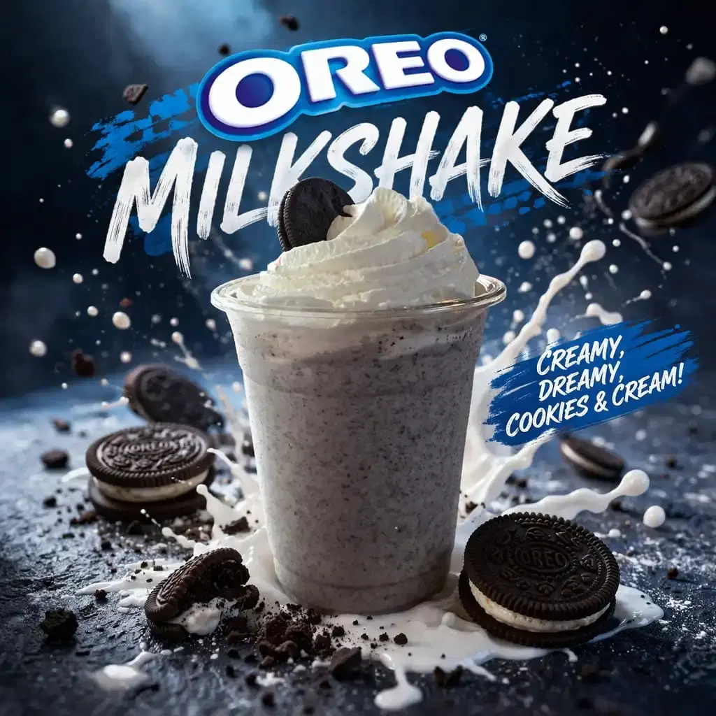 Square Oreo milkshake product creative with cookies, cream, and blue campaign typography