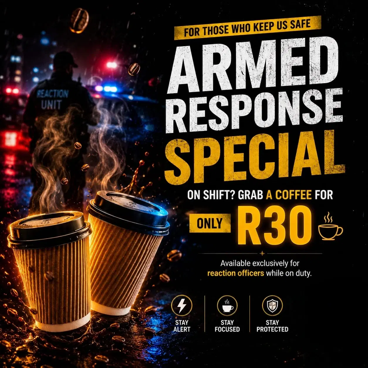Square promotional graphic for an Armed Response Special coffee offer with police lights and pricing
