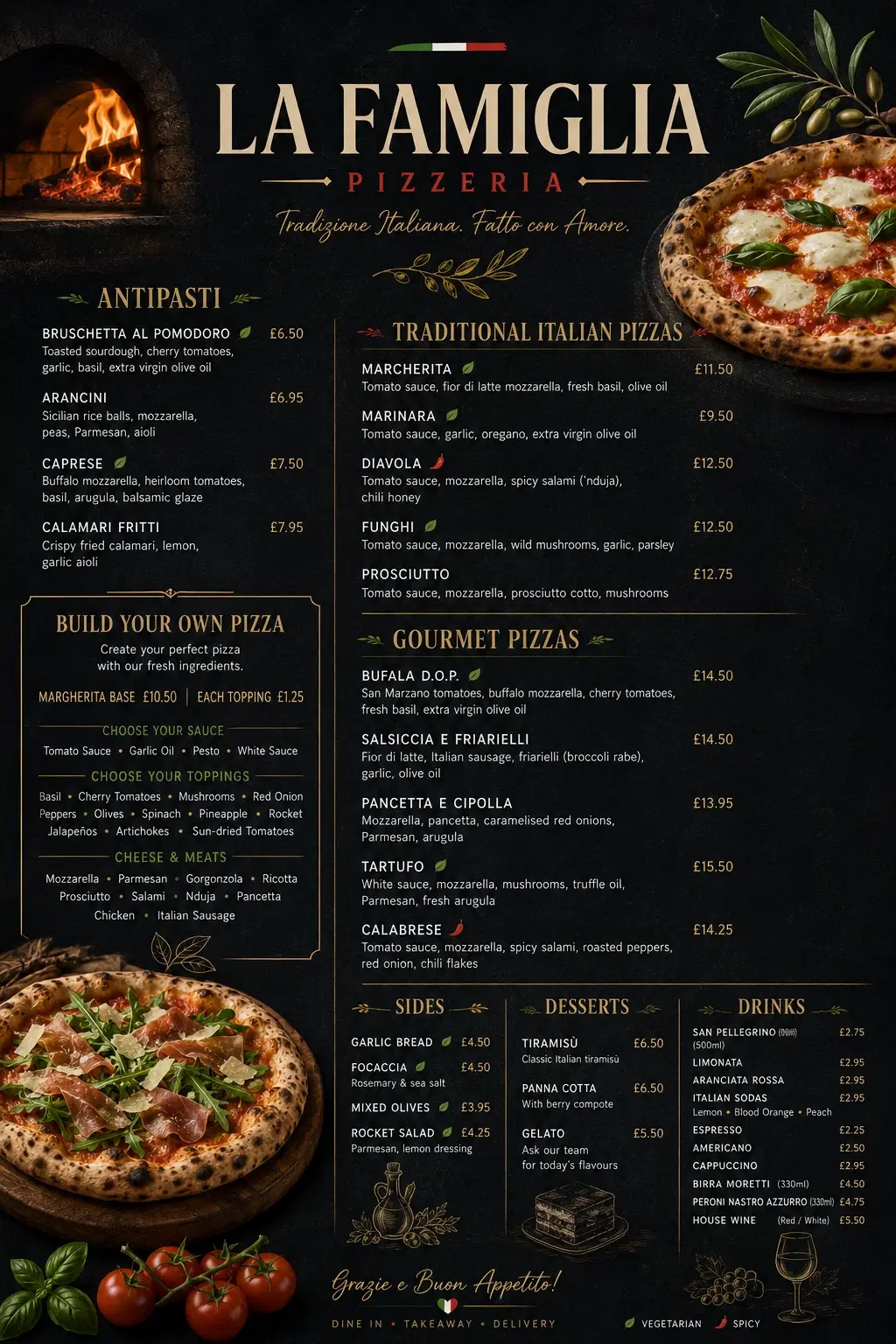 Portrait restaurant menu creative for La Famiglia with pizza imagery and menu sections